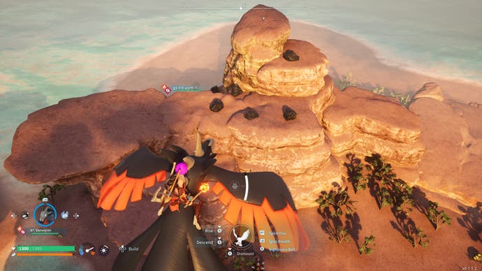 In the twilight dunes of Palworld, a player riding a vanwyrm looks down from the air at a coastal cliff filled with coal deposits.