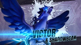 A splash screen showing Victor and Shadowbeak, the enemies in the final boss fight in Palworld.