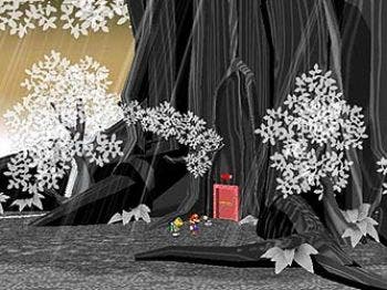 Best Mario Games - Paper Mario the Thousand Year Door screenshot showing Mario and friends in front of a small red door in a giant gray tree with white flowers with painterly art style.