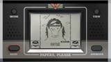 A screenshot from the Papers, Please demake, featuring a fictitious Game &amp; Watch style handheld device. On its LCD-style screen, a crudely rendered document is shown, revealing a character's face.