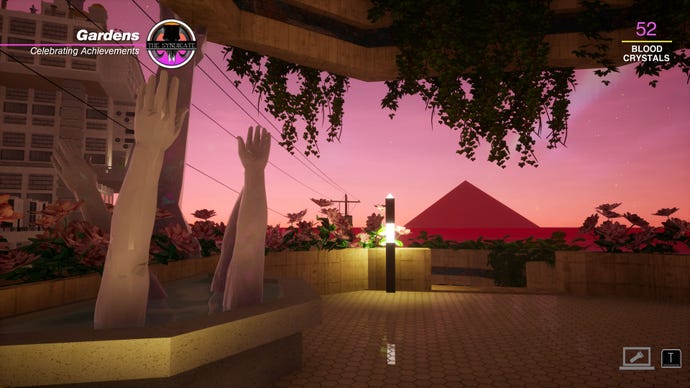 A pink pyramid can be seen on the horizon between statues shaped like hands in Paradise Killer