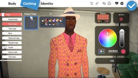 A screenshot of the work-in-progress Paralives character creation tool Paramaker, showing a Para (Marvin, a Black man in his 30s) having the patterns and colours on his jacket changed to an eye-catching pink and orange