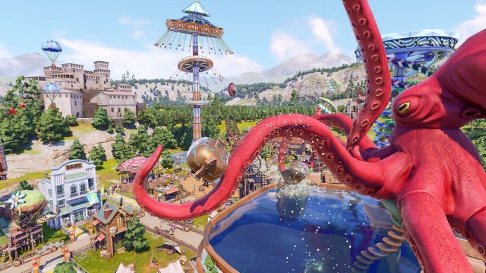 An impossified Kraken ride featuring what appears to be a real giant octopus in Park Beyond