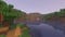 A screenshot of a river in Minecraft, with some trees on either side of the bank and a hill in the distance, taken using Pastel shaders.