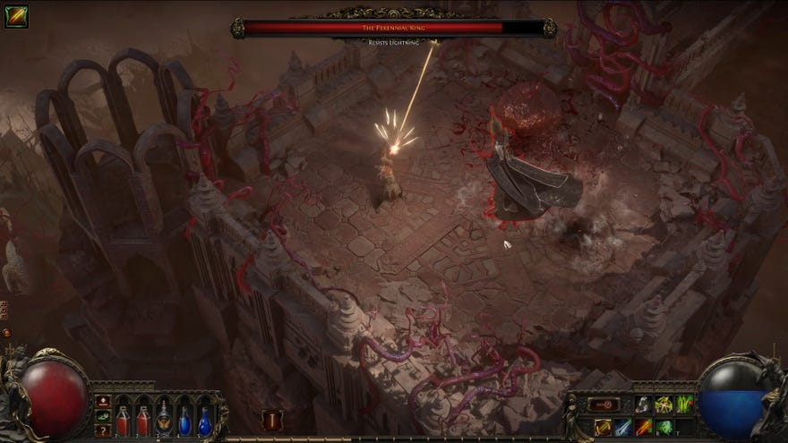 A screenshot of Path Of Exile 2 showing the player in battle on a sandy castle aginst The Perennial King, a tall cloaked figure, who fights using oozy red tentacles.