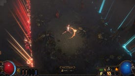 Path Of Exile's battle royale mode. A player runs from an encroaching red zone wall towards a safe blue zone.