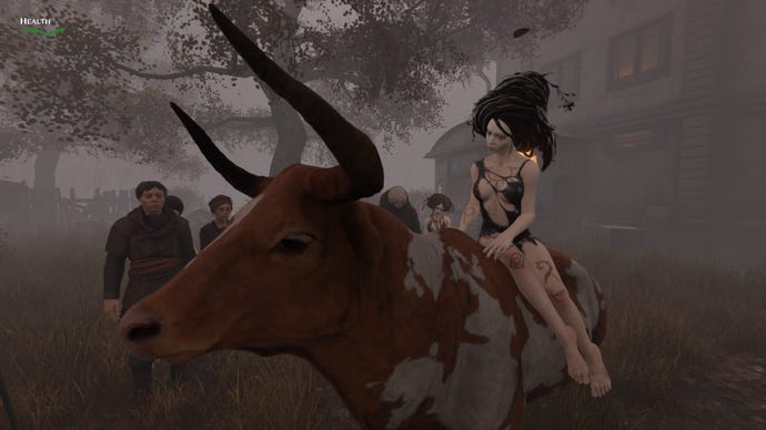 A scantily clad woman rides a cow in Pathologic