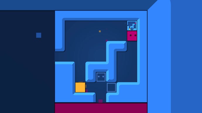 A red square with eyes pushes another box inside another box in Patrick's Parabox