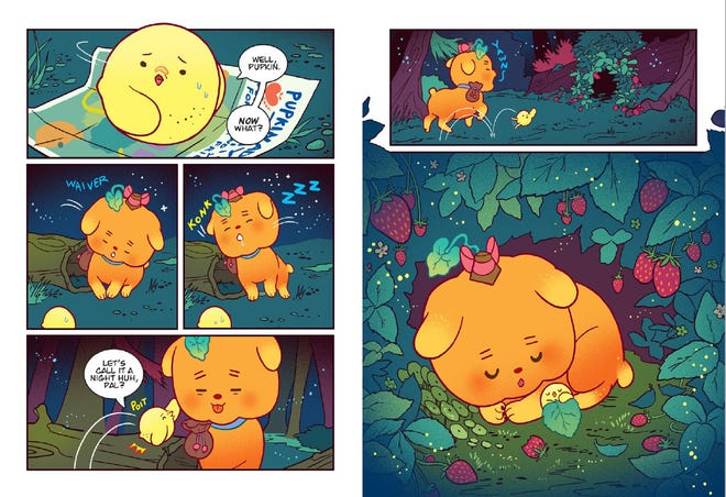 Interior pages of Lemon Bird featuring two animal fruit characters