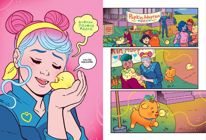 Interior pages of Lemon Bird Can Help featuring a character holding lemon bird on the left and lemon bird running on the right