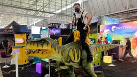 RPS' Liam riding a robot dinosaur at PAX East 2023