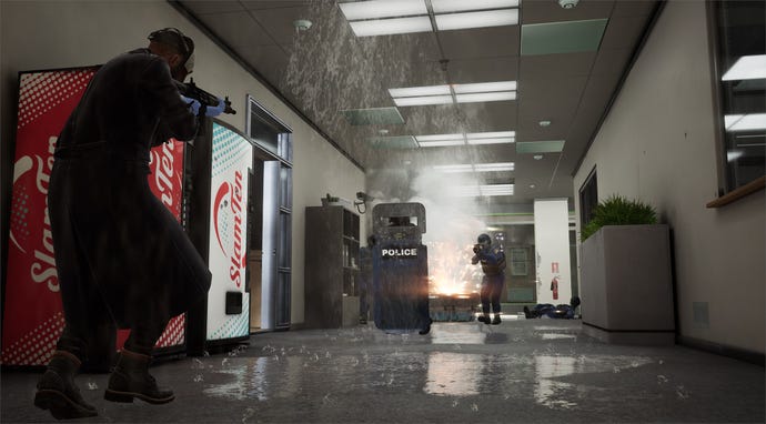 A robber shoots at some riot police in a shiny hallway from Payday 3.