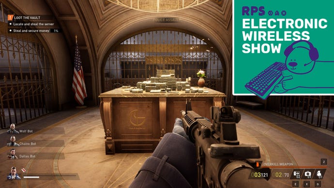 A pile of cash in a vault in Payday 3, with the Electronic Wireless Show podcast logo in the top right corner
