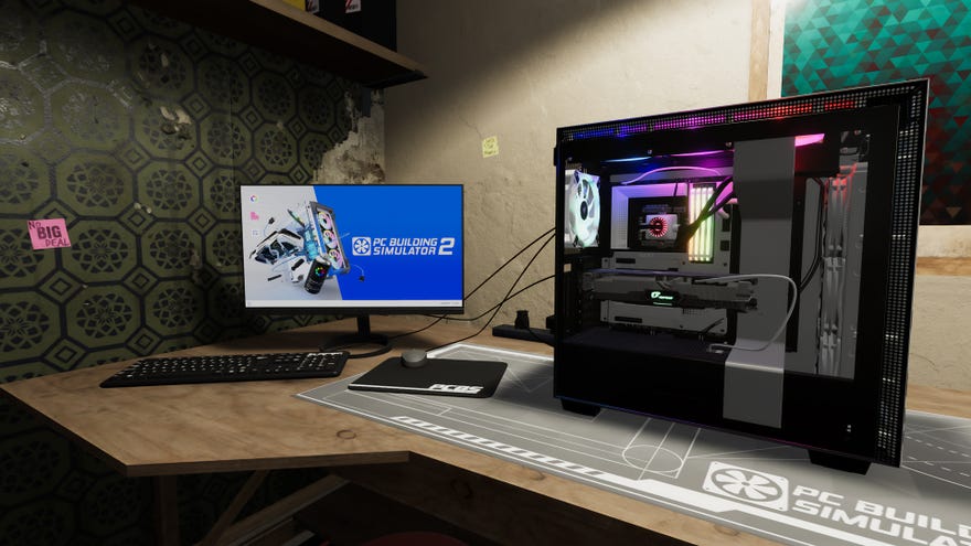 A screenshot of PC Building Simulator 2 showing a computer on a desk, the side off, its innards glowing with LED lights.