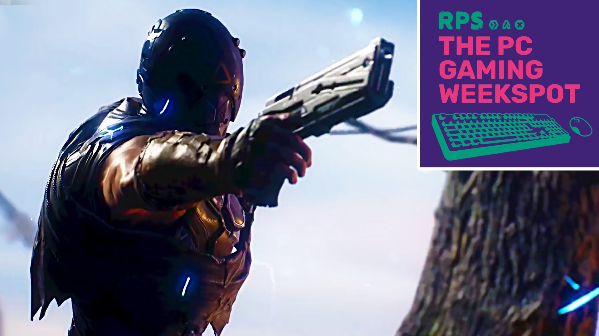 A character from Outriders pointing their pistol off to the side, with the logo of The PC Gaming Weekspot podcast in the top right