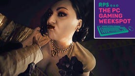 Lady Dimitrescu of Resident Evil Village sucking blood out of Ethan Winters' hand, with The PC Gaming Weekspot logo in the top right