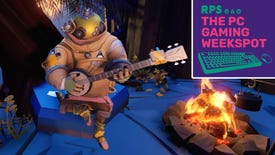 Riebeck from Outer Wilds playing his banjo by the fire with The PC Gaming Weekspot logo in the top right