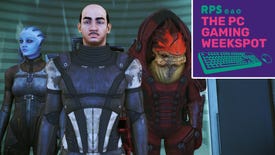 Commander Shepard, Wrex and Liara T'soni from Mass Effect Legendary Edition waiting patiently in the elevator. Shepard also looks an awful lot like Hercule Poirot, as played by David Suchet. The PC Gaming Weekspot podcast logo is in the top right of the image.