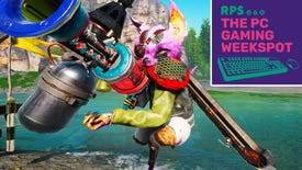 The protagonist of Biomutant ready to fire their gun off camera, with The PC Gaming Weekspot logo in the top right