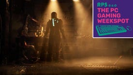 Isaac Clarke of the Dead Space remake standing with his back to the camera, and in front of a dimly lit workbench, with The PC Gaming Weekspot podcast logo in the top right