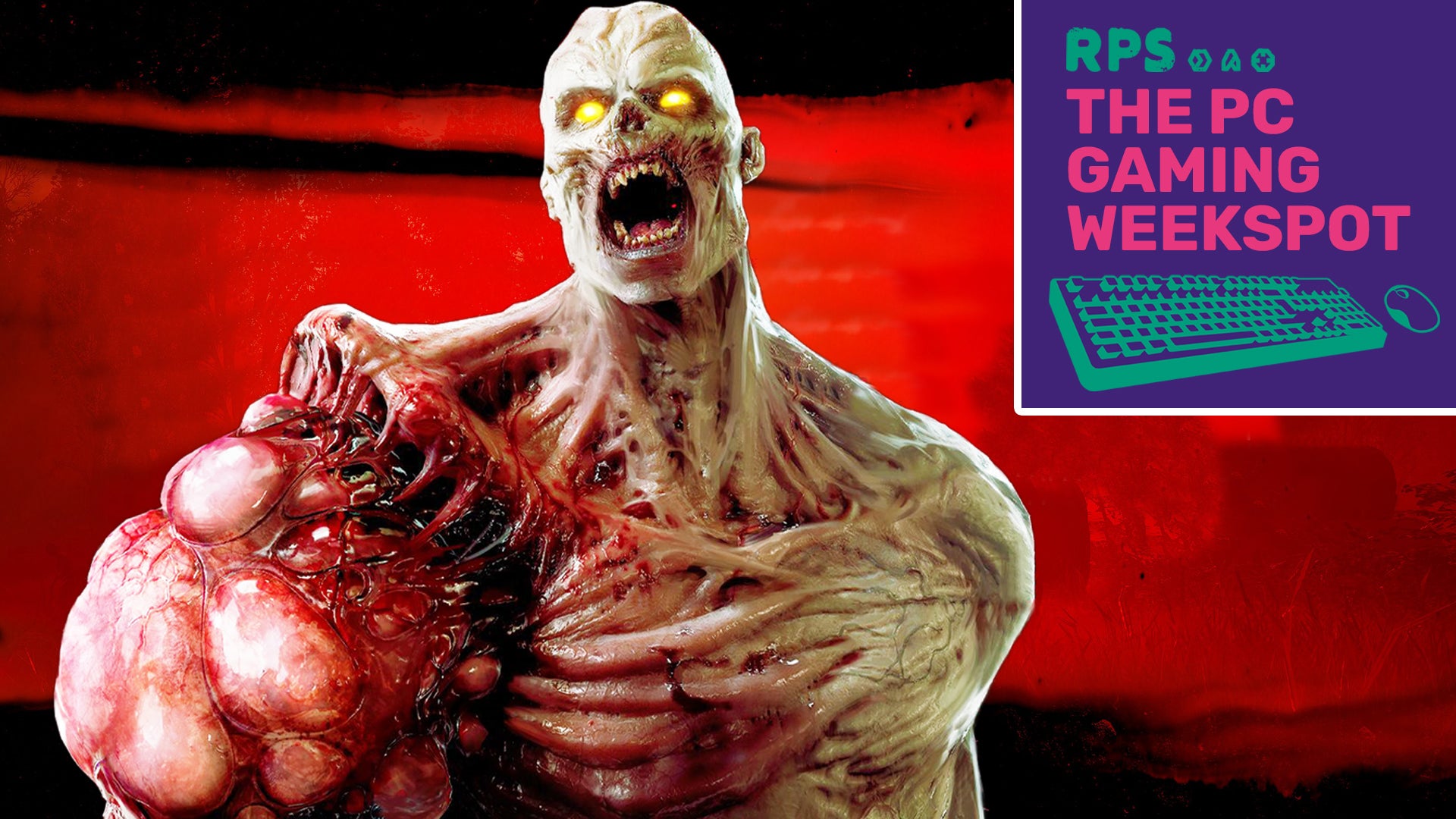 A tallboy enemy from Back 4 Blood in front of a red and black background, with The PC Gaming Weekspot logo in the top right