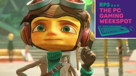 A close-up of Raz from Psychonauts 2 in the Psychonauts' headquarters, with The PC Gaming Weekspot logo in the top right