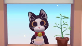 A close up of a cat in the make-tea-for-cats game Peko. It is black and white, with a red collar, and is at a window with a cup of tea resting on the sill.
