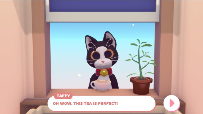 A black and white cat in Peko, with a cup of tea in front of them. They are saying "This tea is perfect!"