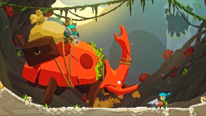 Pepper, the protagonist of 2D platformer Pepper Grinder, stands in front of a huge beetle.