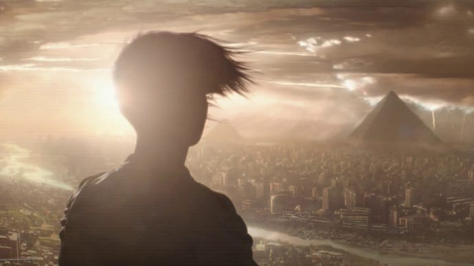 Im Ankündigungstrailer von Perfect Dark blickt eine Frau auf eine futuristische Stadtsilhouette mit Pyramiden.