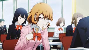 Persona 3 classroom answers - An anime young woman with a bobbed haircut and a pink collared shirt is sitting at a small white desk. She looks bored and is holding a pen in her right hand