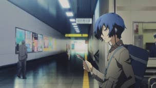 Persona 3 endings: An anime young man with blue hair in a bob cut is standing in a dimly lit train station. He he holds a phone in his hand and wears a bored expression