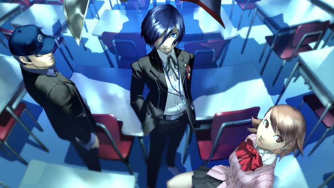 Junpei, Yukari y el protagonista se encuentran en un salón de clases en Persona 3.