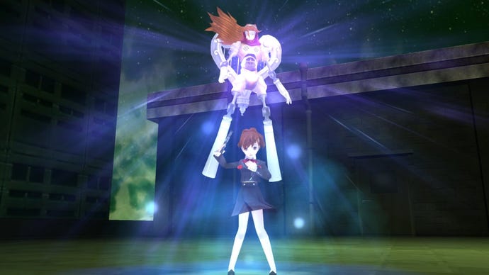 The female Persona 3 protagonist calls in her Persona, Orpheus.