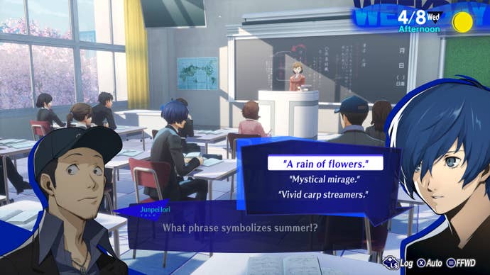 The Persona 3 protagonist and Junpei Iori chat in the middle of a school lesson.