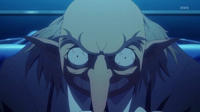 Persona 4 Golden endings: A bald anime old man with large, bloodshot eyes and a long nose is staring directly into the camera