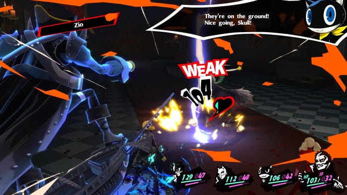 Zio hits a demon's weakness as Morgana celebrates in Persona 5 Royal.