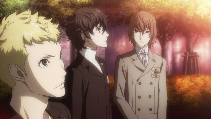 Persona 5 Royal gifts: Three animated teenagers stand in the light of the sunset