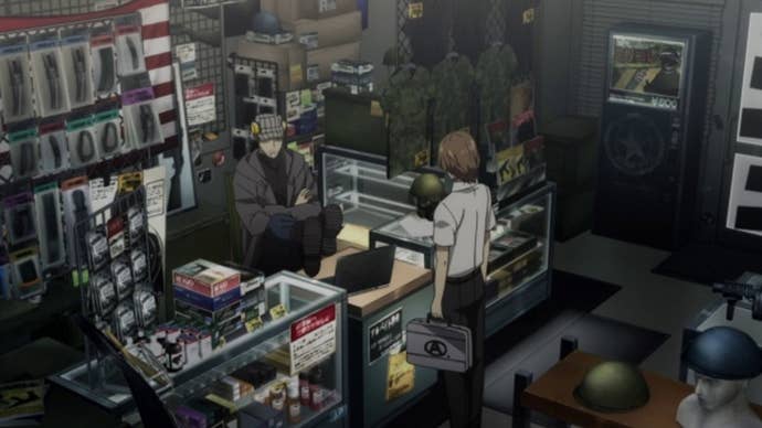 Persona 5 Royal Iwai Confidant: An anime man wearing a trench coat stands behind a counter in a dimly lit shop