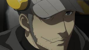 Persona 5 Royal Iwai Confidant: An anime man in a grey hat and trench coat stares offscreen with a serious expression on his face