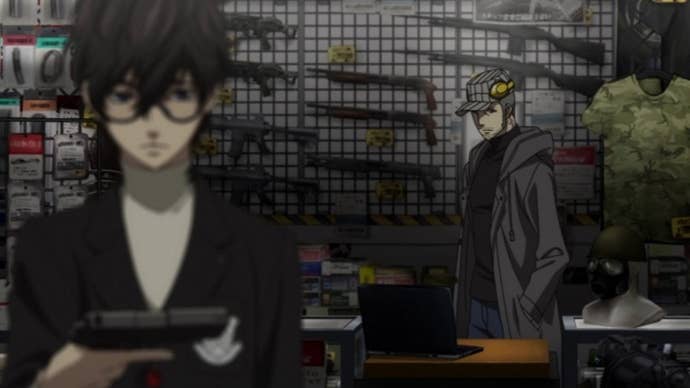 Persona 5 Royal Iwai Confidant: An anime teenager looks at a gun in his hand while an anime man watches from behind a shop counter
