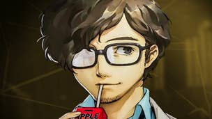 Persona 5 Royal Maruki Confidant: An anime man with brown hair and glasses is holding a box of apple juice