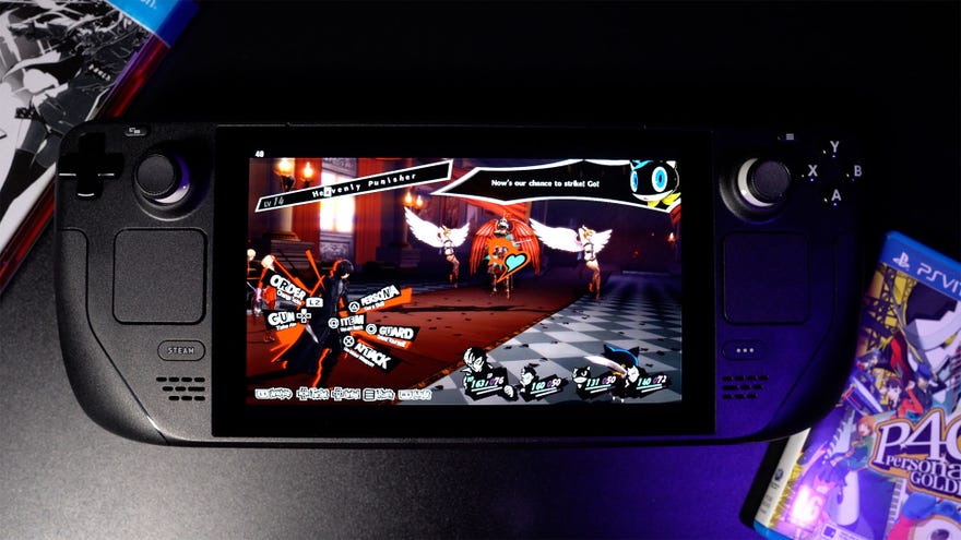 A steam deck displaying a battle screen from Persona 5 Royal.