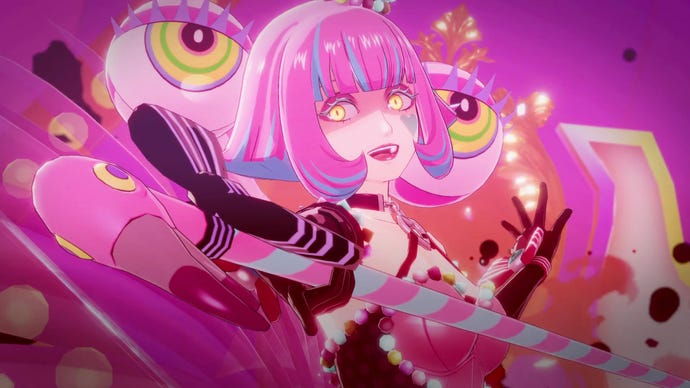 A very colourful character in a Persona 5 Strikers screenshot.
