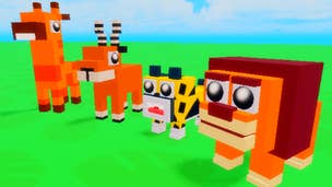 Cute animals from Roblox game Pet Capsules Simulator line up in a row.