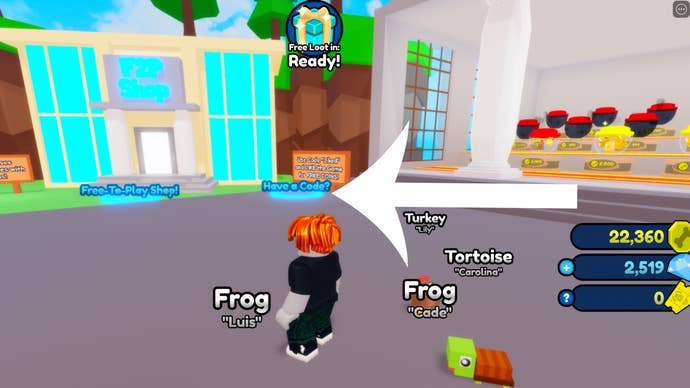 Arrow pointing at the area that players can redeem a code in Pet Capsules Simulator.
