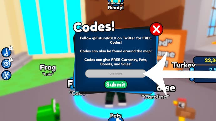 Arrow pointing at the menu used to redeem a code in Roblox game Pet Capsules Simulator.