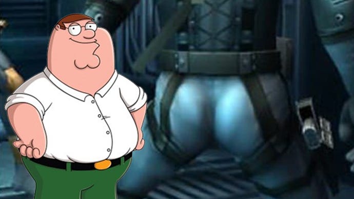 Family Guy's Peter Griffin next to Solid Snake of Metal Gear Solid's butt