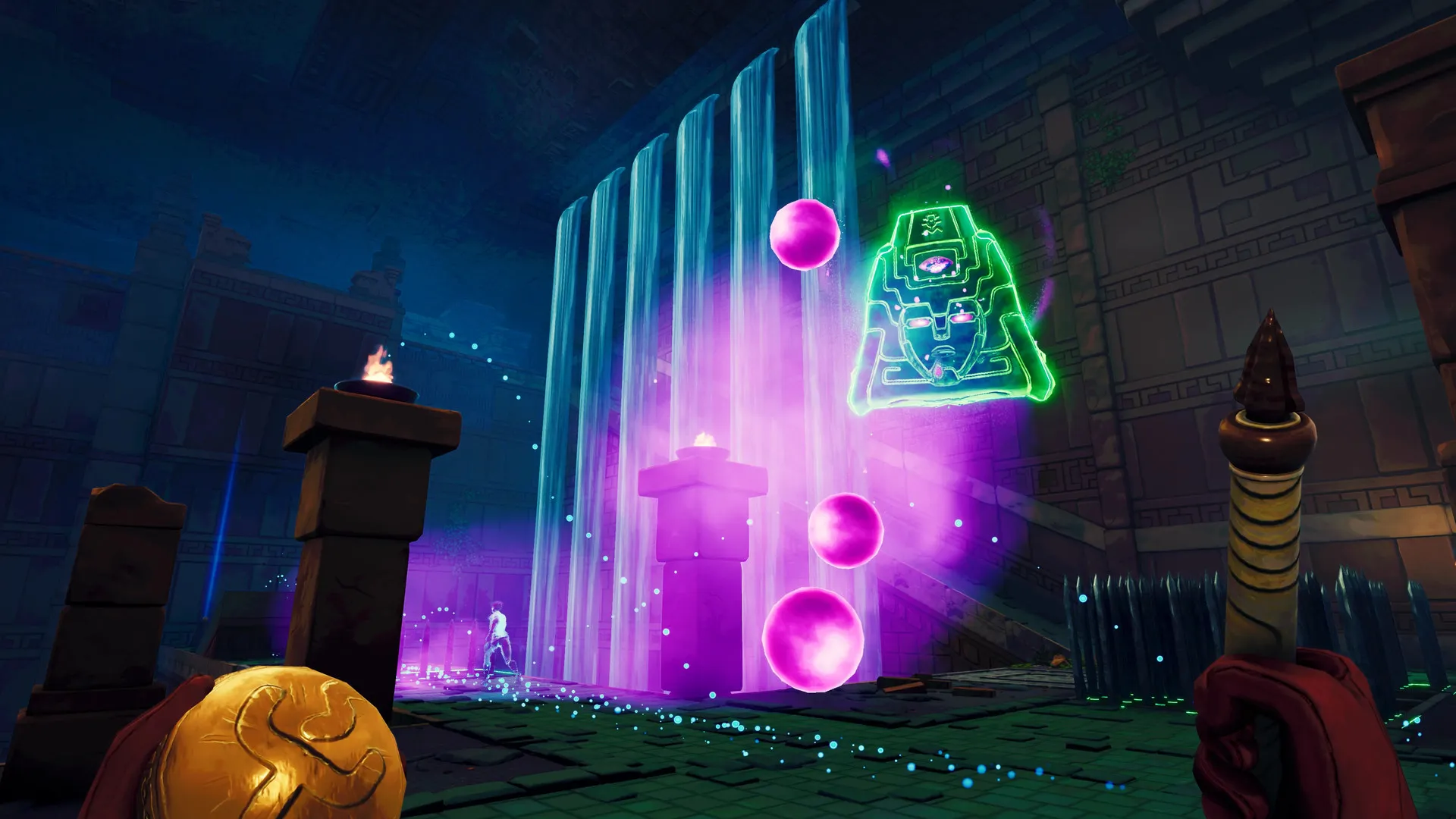Phantom Abyss screenshot showing a whip in the character's hand, and various obstacles and floating phantom heads in a tomb ahead