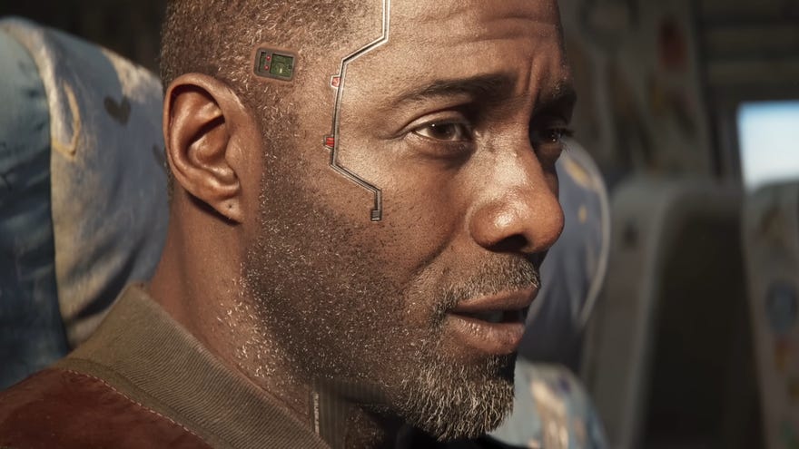 A close-up of Solomon Reed's (Idris Elba's) face in the Cyberpunk 2077 Phantom Liberty cinematic trailer.